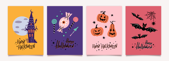 Fototapeta premium Happy Halloween party posters template set with lettering in flat design. Haunted house, full moon, pumpkins, bats, treats. Vector backgrounds collection.