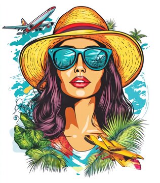 woman wearing sunglasses and hat, travel theme clip art preview