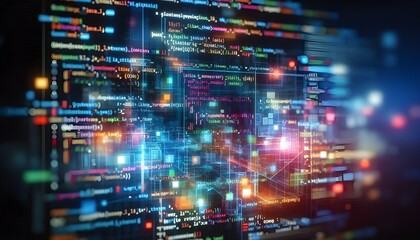 Obraz premium Close-up shot of colorful programming code on a dark screen with a tilt-shift lens effect, underlying a technology concept