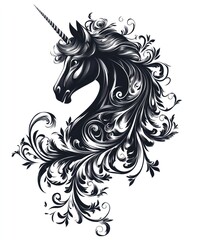 Fototapeta premium Black and white illustration of a unicorn's head with floral swirls.