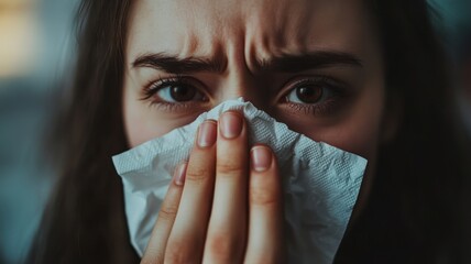 A close-up of a woman looking distressed while holding tissue, illustrating emotions of sadness or illness.