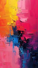 Abstract painting with bold brushstrokes, flicking, dripping and splashing paint, evoking a sense of movement and rhythm.