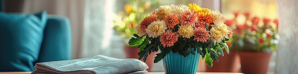 Newspaper on coffee table next to bouquet of chrysanthemums