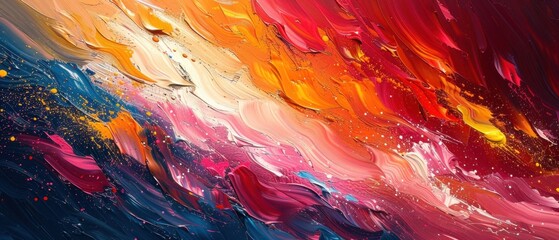 Abstract painting with bold brushstrokes, flicking, dripping and splashing paint, evoking a sense of movement and rhythm.