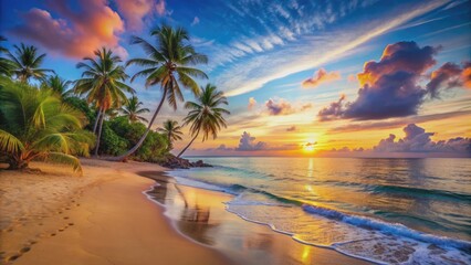 Tropical beach paradise with golden sands, clear blue water, palm trees, vibrant sunset sky , Summer, beach, tropical, paradise