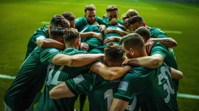 Team huddle,&nbsp;Players with a green jersey,&nbsp;the national football team huddling before the game