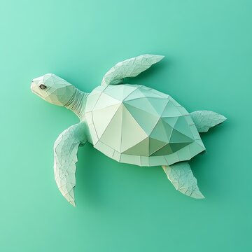 Origami Sea Turtle on Turquoise Background With Polygonal Style