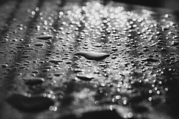 Black and white capture of shiny water droplets on black ground after heavy rain