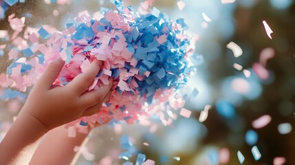 Picture a festive baby reveal party with confetti in pink or blue exploding to reveal the baby's gender.