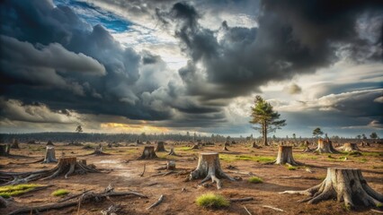 Obraz premium Eerie landscape of environmental degradation with tree stumps and debris under dark clouds