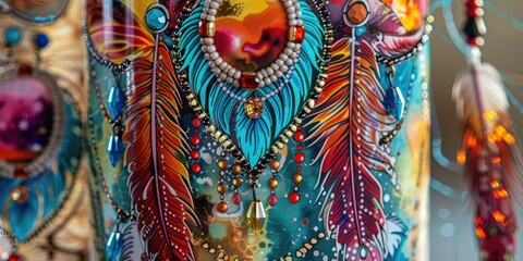 Naklejka premium Transform your Tumbler with a stunning wrap featuring vibrant feathers dancing amidst earthly and bright sea colors accented by strings of beads and traditional Native American jewelry for