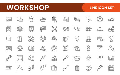 Set of Workshop and Coaching line icons. Outline icon collection related to training, coaching, mentoring, education, meetings, conferences, and teamwork.