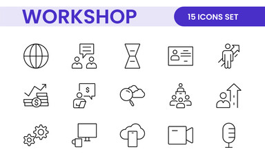 Set of Workshop and Coaching line icons. Outline icon collection related to training, coaching, mentoring, education, meetings, conferences, and teamwork.