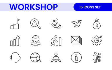 Set of Workshop and Coaching line icons. Outline icon collection related to training, coaching, mentoring, education, meetings, conferences, and teamwork.