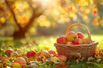 A basket of apples on the grass, surrounded by fallen leaves and other fruits in an orchard setting. The background is blurred