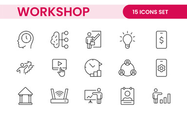 Set of Workshop and Coaching line icons. Outline icon collection related to training, coaching, mentoring, education, meetings, conferences, and teamwork.