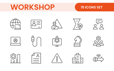 Set of Workshop and Coaching line icons. Outline icon collection related to training, coaching, mentoring, education, meetings, conferences, and teamwork.