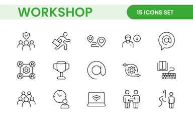 Set of Workshop and Coaching line icons. Outline icon collection related to training, coaching, mentoring, education, meetings, conferences, and teamwork.