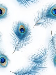 Obraz premium Boho blue peacock feathers in an exotic pattern, illustrated in watercolor style and seamlessly integrated on a white background.