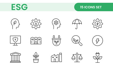 ESG flat line icon set. Outline icon collection related to ecology, environment social governance, risk management, sustainable developmen and more.