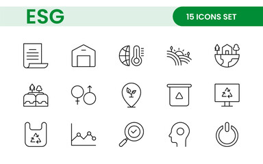ESG flat line icon set. Outline icon collection related to ecology, environment social governance, risk management, sustainable developmen and more.