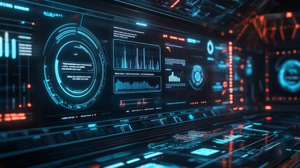 Obraz premium Picture a futuristic data analysis interface with holographic displays. The scene includes interactive charts, 3D graphs