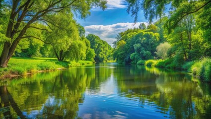 Fototapeta premium Lush riverbank with abundant greenery , river, trees, plants, nature, foliage, lush, green, riverbank, stream, water