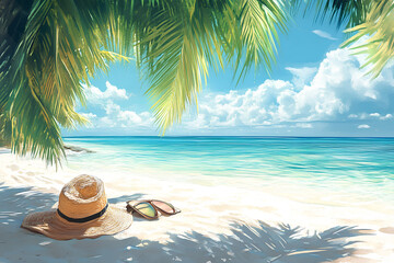 Obraz premium A serene beach scene with a straw hat and sunglasses under palm trees by the ocean.