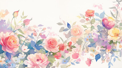 A delicate watercolor illustration featuring a beautiful arrangement of pastel roses and flowers, creating an ethereal and serene floral backdrop.