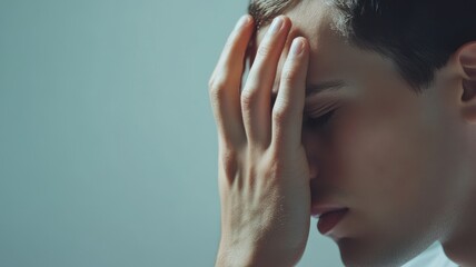 Fototapeta premium A young man expresses deep emotion as he holds his forehead, depicting stress or anxiety in a contemplative moment.