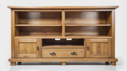 Wooden entertainment center with two shelves and two drawers, wood, entertainment, center, shelves, drawers, storage