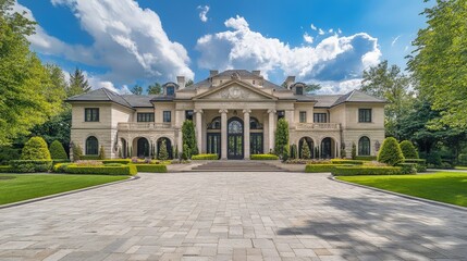 Obraz premium Picture a grand estate with an impressive entrance and beautifully landscaped grounds.