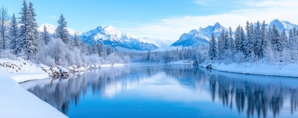 The Bow River has an almost flawless reflection of the Rocky Mountains. close to Canmore, Canada's Alberta. The winter season is approaching. Bear country. Lovely idea for a background landscape.