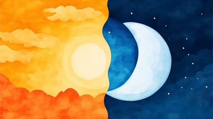 Sun and Moon Harmony: Watercolor sun and moon with soft clouds in day and night contrast.