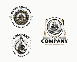 set vintage classic marine sailboat nautical emblem logo for business company