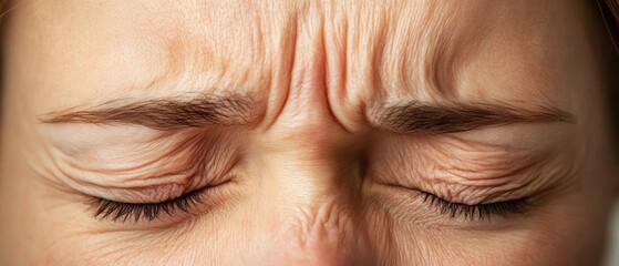 Close-up of a person's forehead showcasing deep wrinkles and furrows, conveying expressions of concern or contemplation.