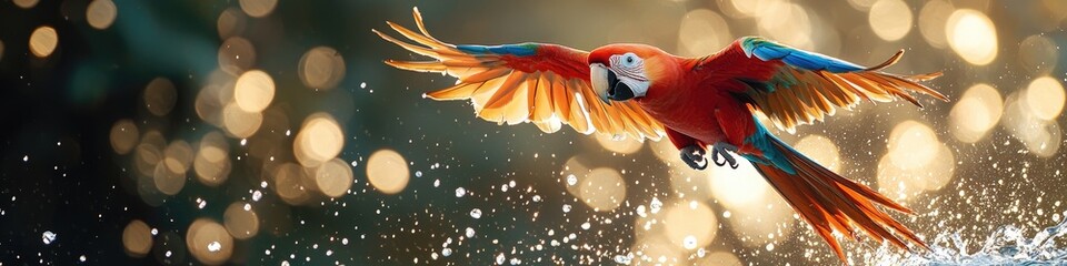 A parrot rides an invisible surfboard near a wave lively and free