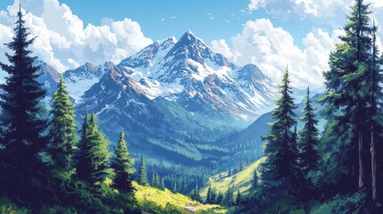 Majestic Mountain Peak with Forest and Clouds