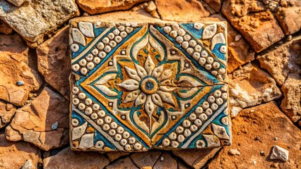 Cracked surface of ancient clay tile found in historic site, showing weathered textures and intricate patterns