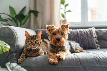 Obraz na płótnie Canvas Cat and dog relax together on a cozy grey couch by the window during a sunny afternoon in a comfortable living room