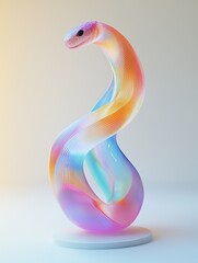 Fototapeta premium Bright colored frosted glass 3D snake floats on a white background, Cute, personified, placed on the white display rack in the exhibition hall for year of snake 2025