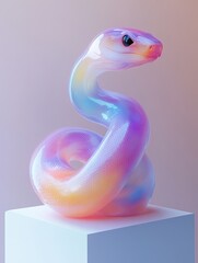 Fototapeta premium Bright colored frosted glass 3D snake floats on a white background, Cute, personified, placed on the white display rack in the exhibition hall for year of snake 2025