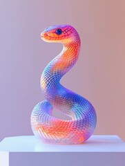 Fototapeta premium Bright colored frosted glass 3D snake floats on a white background, Cute, personified, placed on the white display rack in the exhibition hall for year of snake 2025