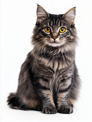 A majestic portrait of a grey tabby cat with striking yellow eyes, sitting elegantly against a white background, showcasing its beauty and grace.
