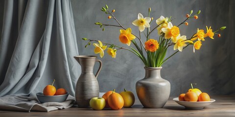 Still life with modern ceramic vases, orange daffodils © STDG