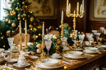 Luxurious style Christmas dining table with gold candelabras, elegant glassware and festive decorations