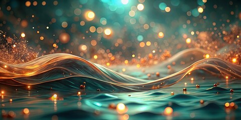 Serene and mystical stock photo featuring teal and copper hues, glowing particles, fluid lines mimicking water movement, and a peaceful background