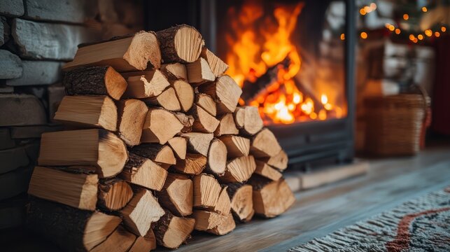 Pile of firewood for fireplace at home