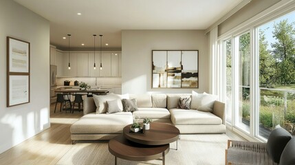 Fototapeta premium Modern living space featuring a plush sectional, contemporary decor, and large windows that flood the room with sunlight.