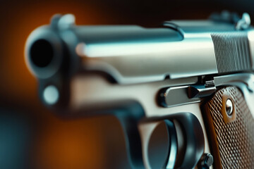 Closeup of a revolver barrel in focus. Security, law enforcement, gun safety
